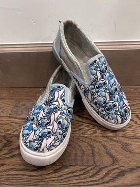 Disney Lilo & Stitch Girls Slip On Sneakers Silver Glitter Twin Gore Shoes Sz 4